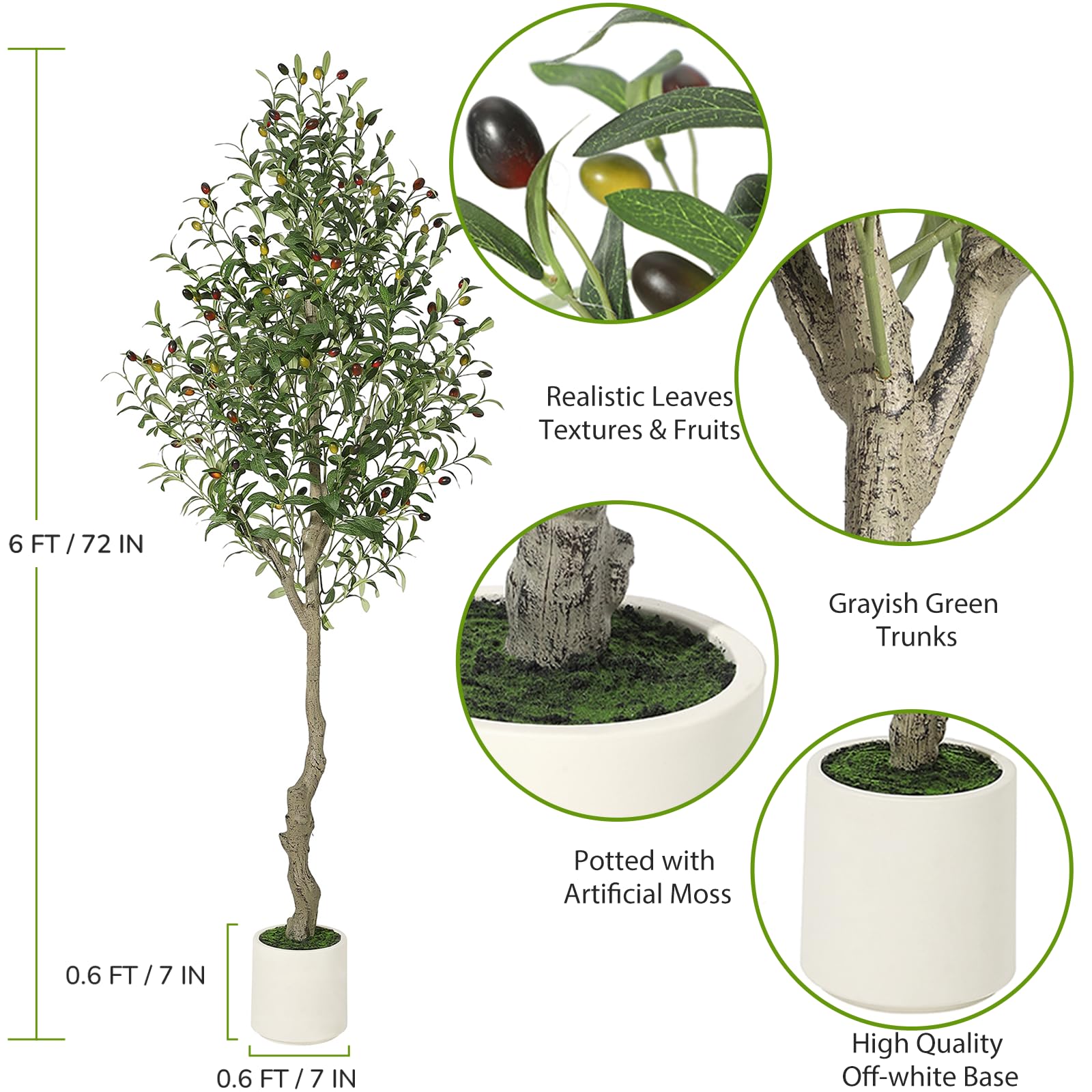 Albero di ulivo artificiale Garvee alto 6 piedi con tronco realistico in PE e foglie regolabili per la decorazione del soggiorno, vaso in PP bianco