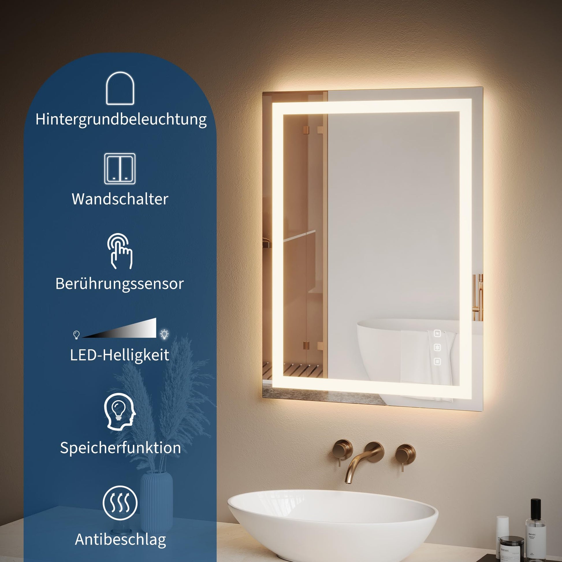 Specchio da bagno Garvee con luce 50x70 cm, antiappannamento, 3 colori di luce, dimmerabile, specchio da bagno a LED con interruttore touch