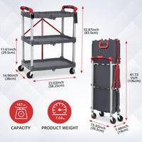 Carrello di servizio pieghevole Garvee a 3 ripiani, struttura in alluminio, pieghevole, per ufficio e casa, capacità di carico di 56 libbre, nero