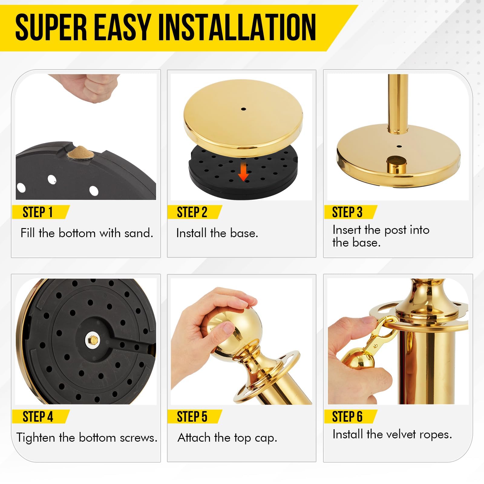 Montanti in acciaio inossidabile Garvee con corde in velluto rosso, 4 pali, 5 piedi, antiruggine, robusti, eleganti per eventi