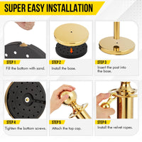 Garvee Set di 3 pali di barriera dorata con corda in velluto rosso da 5 piedi, acciaio inossidabile, base riempibile per eventi e musei, durevole