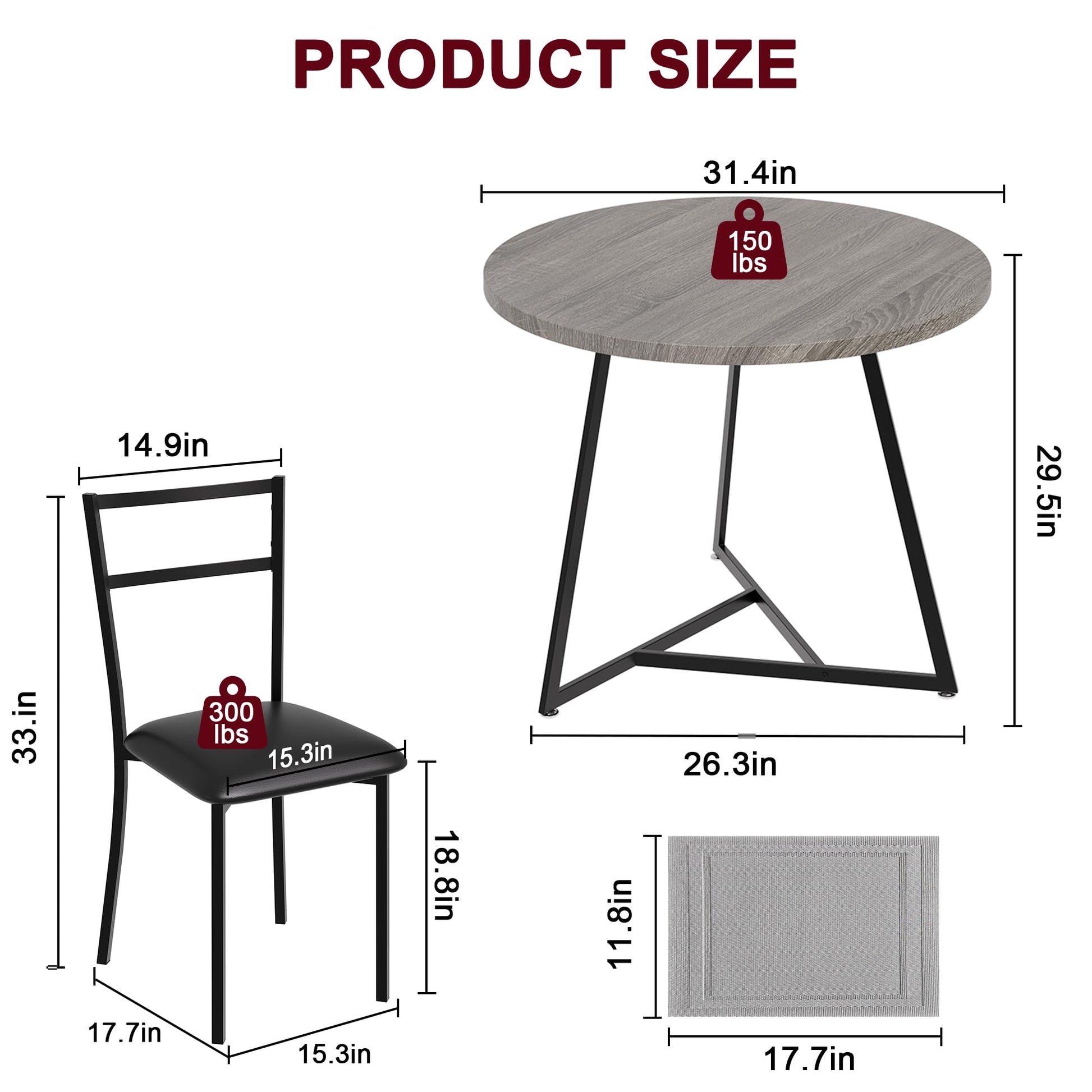 Tavolo da pranzo rotondo Garvee per 2 persone con 2 sedie imbottite, struttura in metallo robusto, piano in MDF, grigio retrò, salvaspazio per stanze piccole
