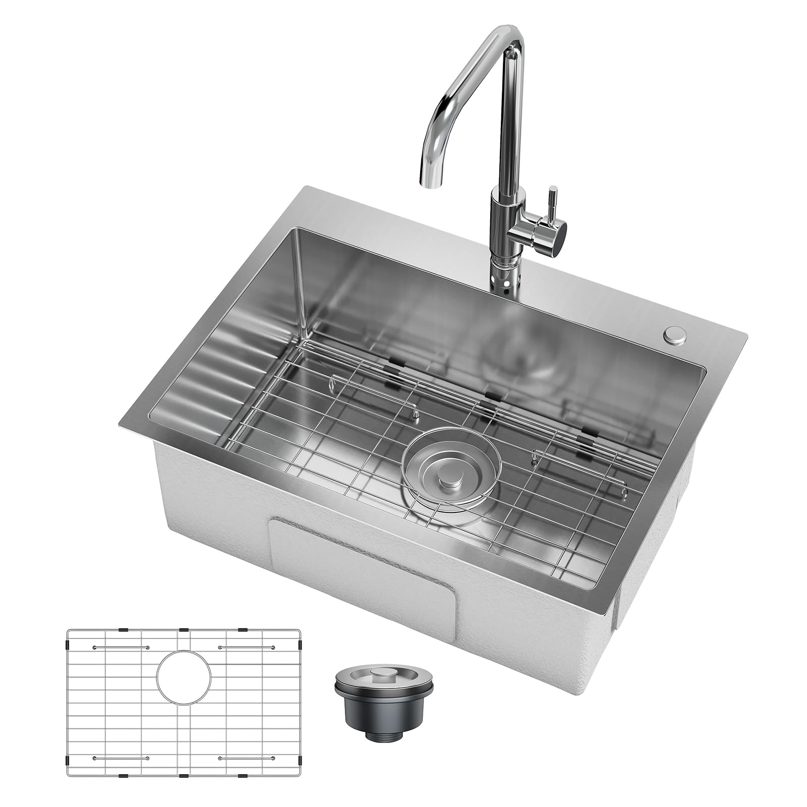 Lavello da cucina da incasso Garvee in acciaio inox 24x18x9" con accessori standard per rubinetto per cucine moderne, isolamento acustico, spaziosa vasca singola, argento