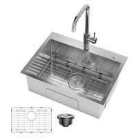 Lavello da cucina da incasso Garvee in acciaio inox 24x18x9" con accessori standard per rubinetto per cucine moderne, isolamento acustico, spaziosa vasca singola, argento
