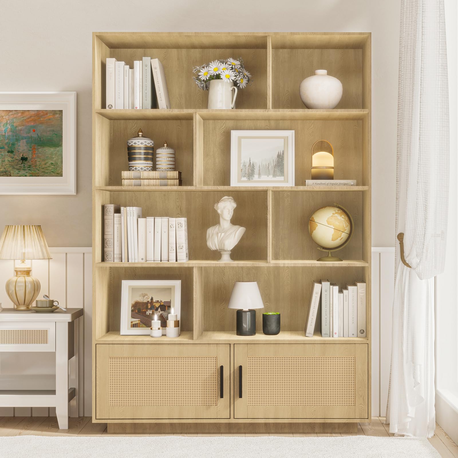 Libreria Garvee a 5 ripiani con ante in rattan, robusto legno MDF, soggiorno e ufficio, 31,5"L x 63"A, stile boho