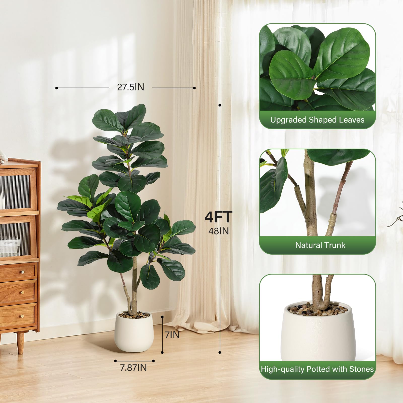 Albero artificiale di Ficus Lyrata Garvee da 4 piedi con 48 foglie, fioriera bianca da 7,8 pollici, base in cemento robusto per soggiorno e ufficio