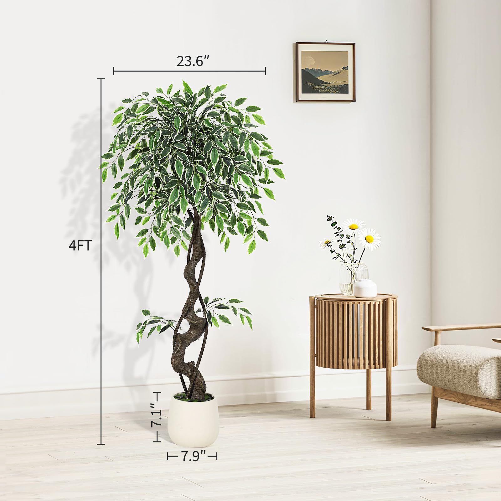 Albero di ficus artificiale Garvee da 4 piedi con oltre 700 foglie di seta, robusto vaso in ceramica per interni, esterni, soggiorno, ufficio, arredamento verde bianco