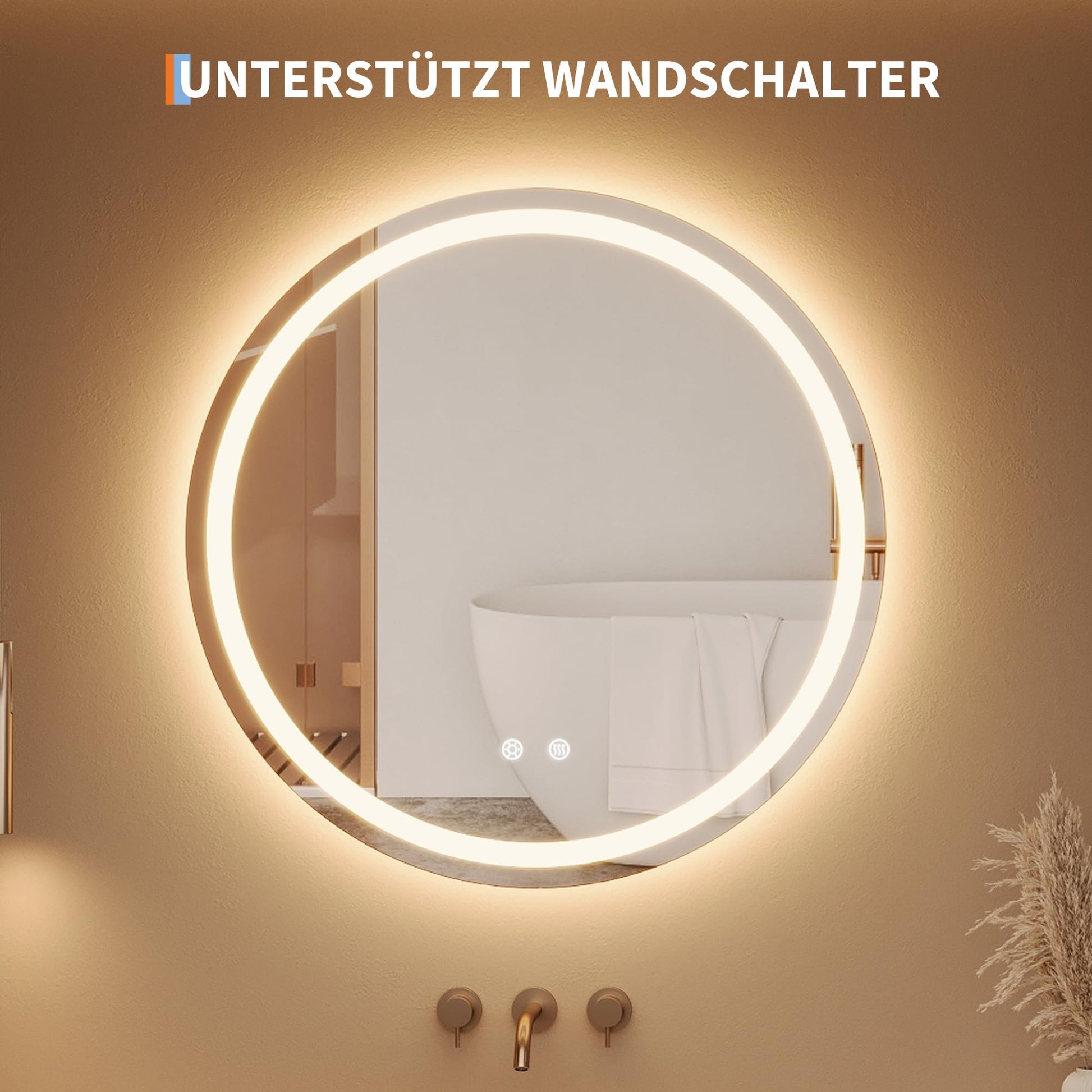 Specchio per il trucco illuminato Garvee, specchio da bagno rotondo da 60 cm con luce, specchio a LED con interruttore touch e vetro antideflagrante, specchio da bagno dimmerabile e antiappannamento con illuminazione