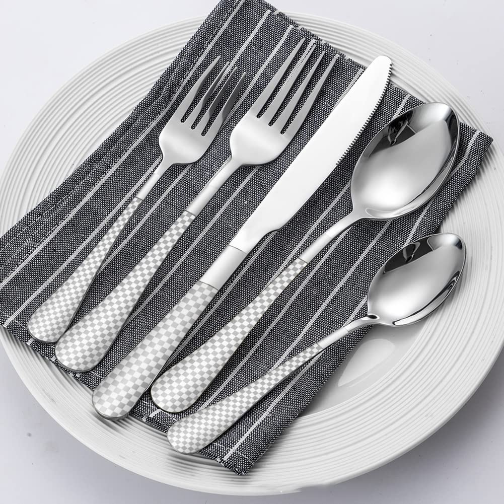 Set di posate Garvee da 20 pezzi in argento per 4 persone, acciaio inossidabile, design a scacchi, lucidato a specchio, lavabile in lavastoviglie, cucina e ristorante, argento