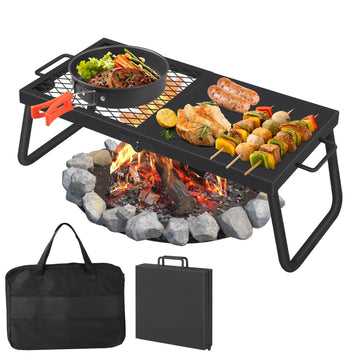 Griglia girevole per falò Garvee, regolabile a 360°, pieghevole, rete in acciaio, barbecue da esterno, campeggio, portatile, nero