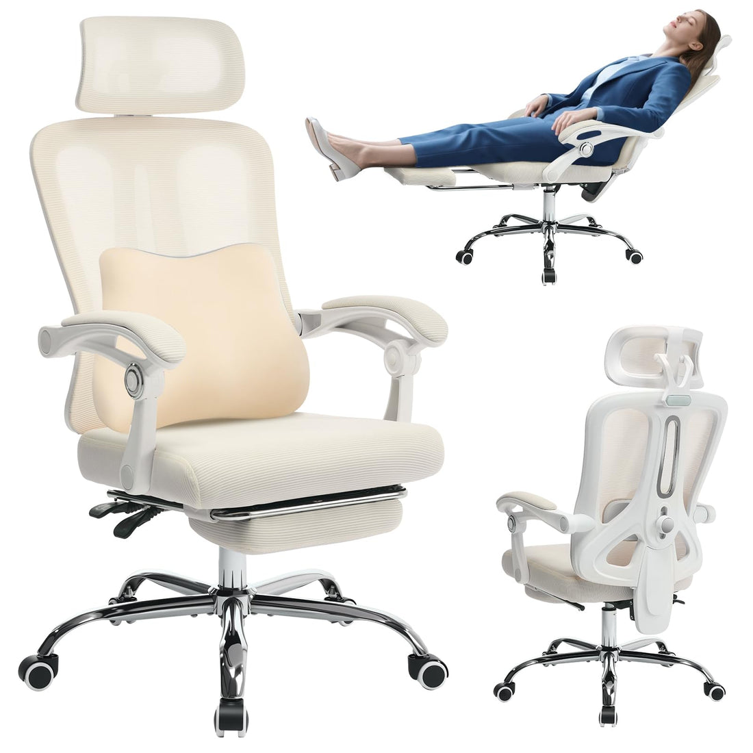 Sedia da ufficio ergonomica Garvee, schienale alto, rete, poggiatesta regolabile, poggiapiedi, beige, ufficio domestico