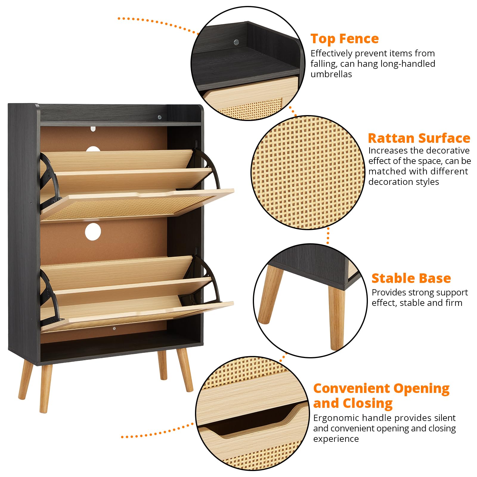 Scarpiera Garvee per corridoio con organizer in rattan, cassetto ribaltabile, ventilata, compatta, 38,66''x23,62''x9,25'', MDF, colore naturale