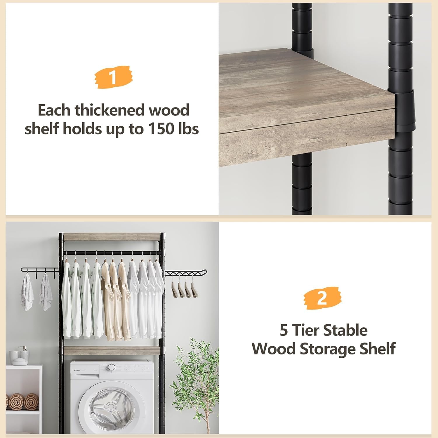 Scaffale per lavanderia Garvee da 30" con stendibiancheria, regolabile, a 4 livelli, in legno e acciaio per lavatrice, bagno e lavanderia, salvaspazio, 28 pollici, colore naturale