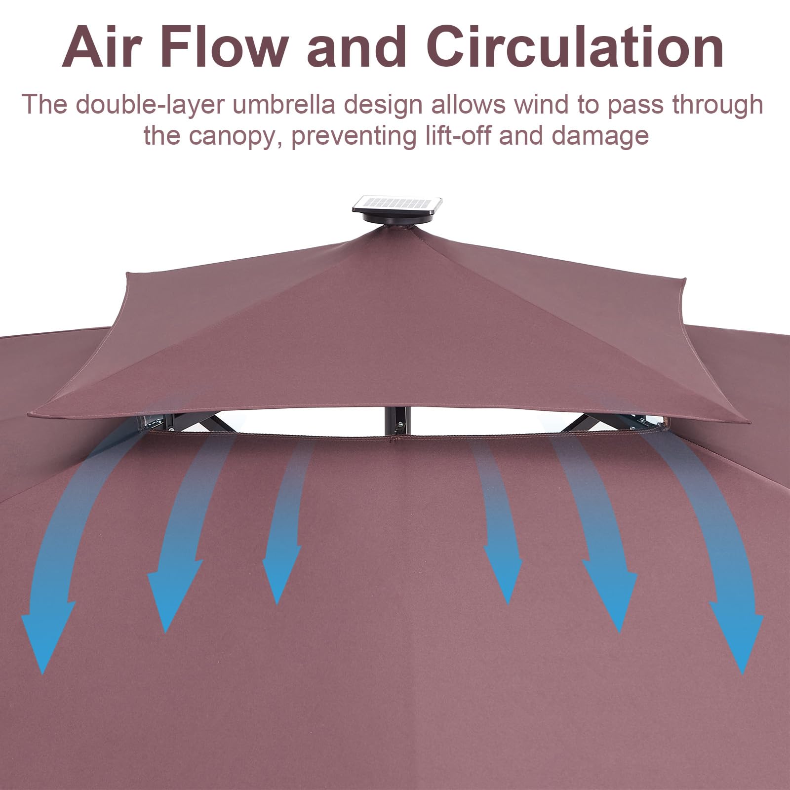 Ombrellone rettangolare GARVEE 300 cm x 270 cm con supporto e base inclusi, luci LED solari, grande ombrellone a sbalzo, ombrellone da patio, girevole a 360°, antivento, ombrellone da giardino per giardino, terrazza, uso esterno, marrone