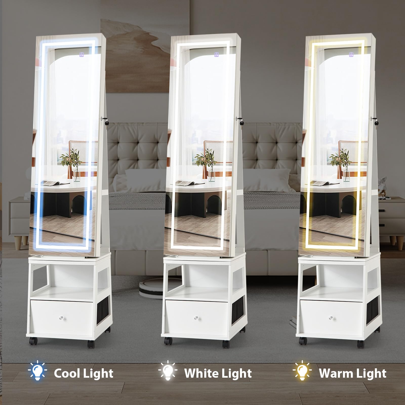 Mobiletto portagioie girevole a 360° Garvee con specchio a figura intera, illuminazione a LED, rivestimento in velluto, bianco, camera da letto, con serratura