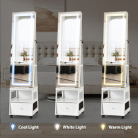 Mobiletto portagioie girevole a 360° Garvee con specchio a figura intera, illuminazione a LED, rivestimento in velluto, bianco, camera da letto, con serratura