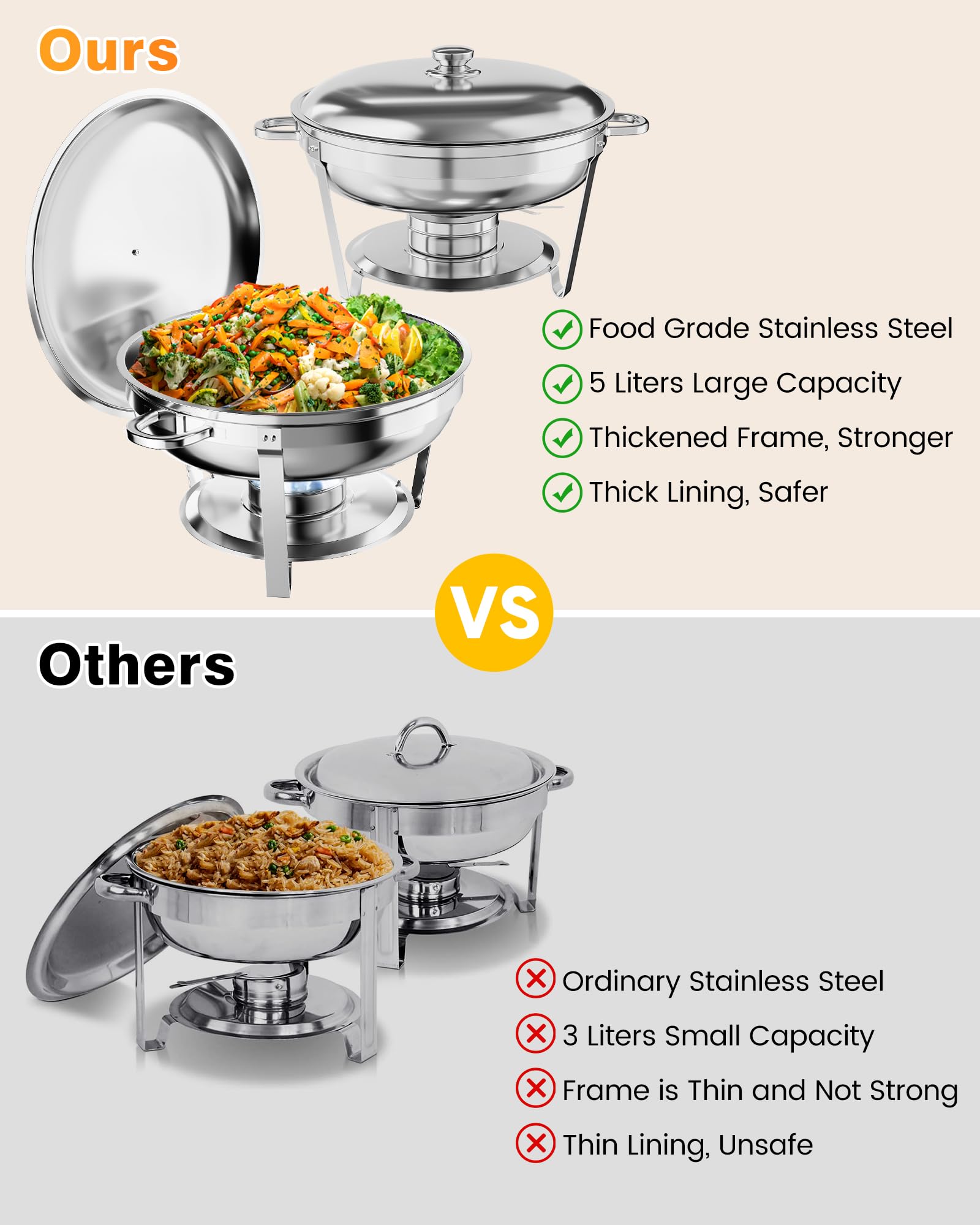 Garvee 5QT Chafing Dish Buffet Set in acciaio inossidabile, confezione da 4 - Attrezzatura professionale per la ristorazione per il controllo della temperatura durante feste ed eventi