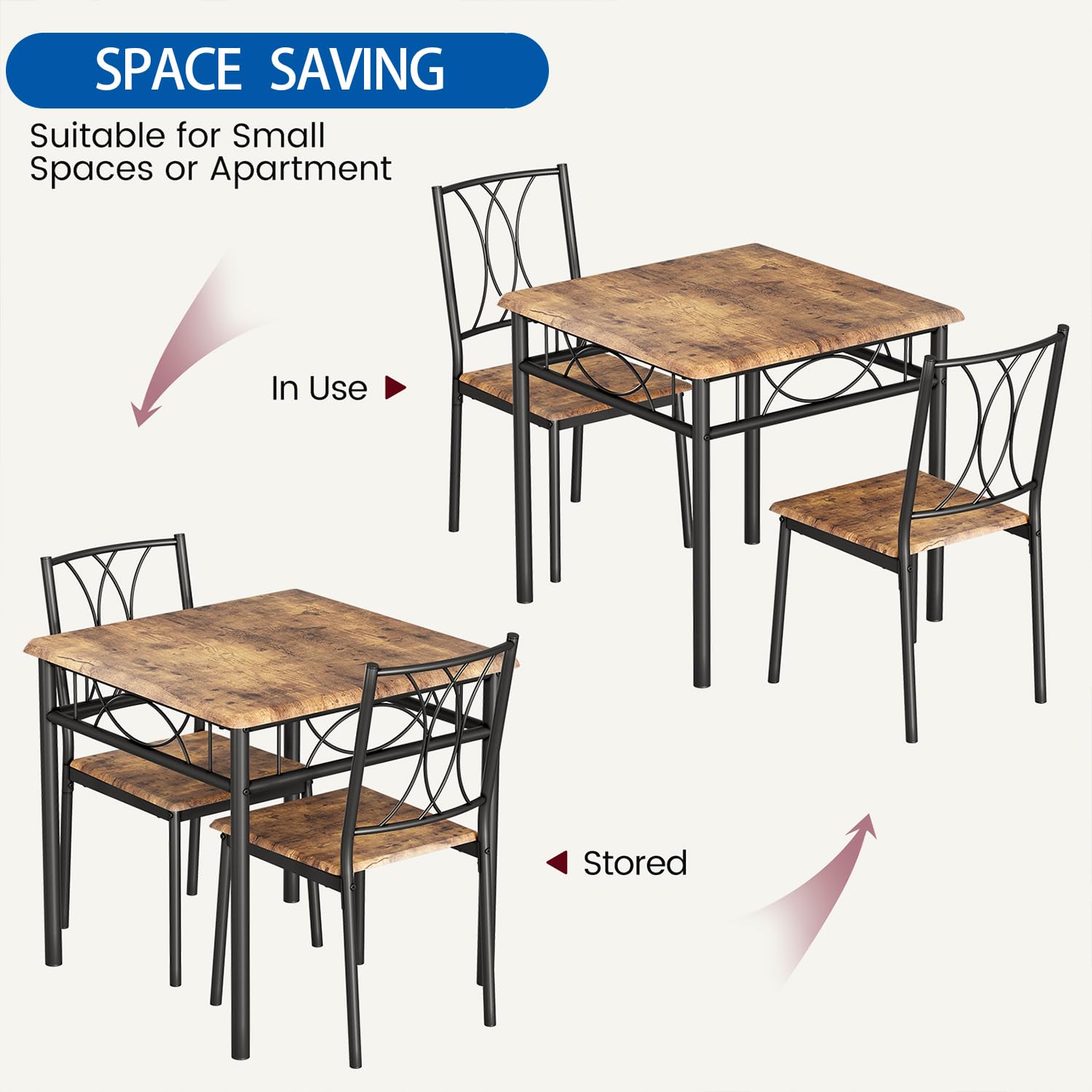 Set da pranzo Garvee da 3 pezzi per 2 persone, quadrato, salvaspazio, piano del tavolo in MDF robusto, sedie ergonomiche in legno, marrone rustico, compatto per piccoli spazi