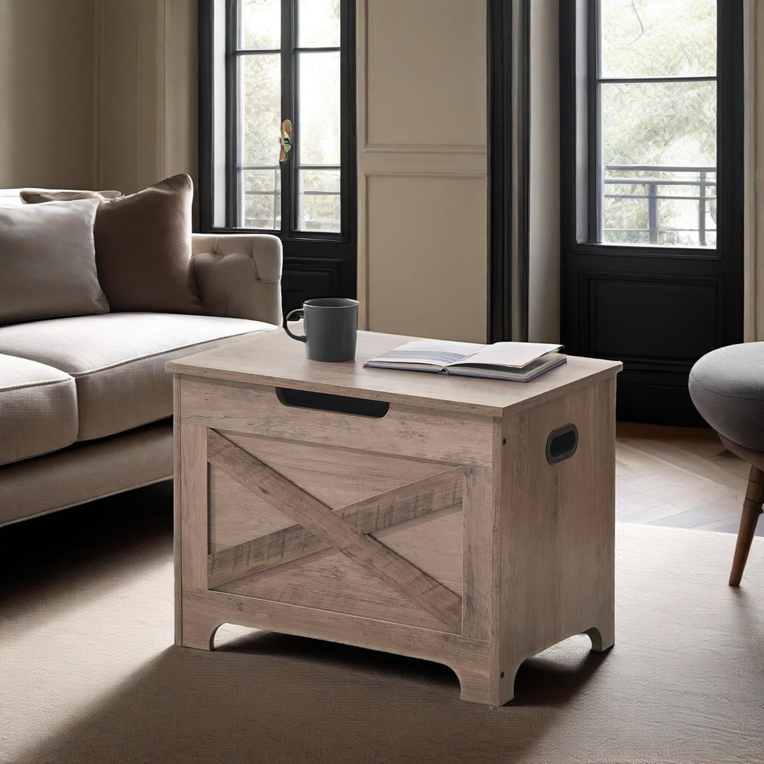 Panca portaoggetti Garvee con serratura di sicurezza, cassapanca in legno in stile country per corridoio e camera da letto, grigia