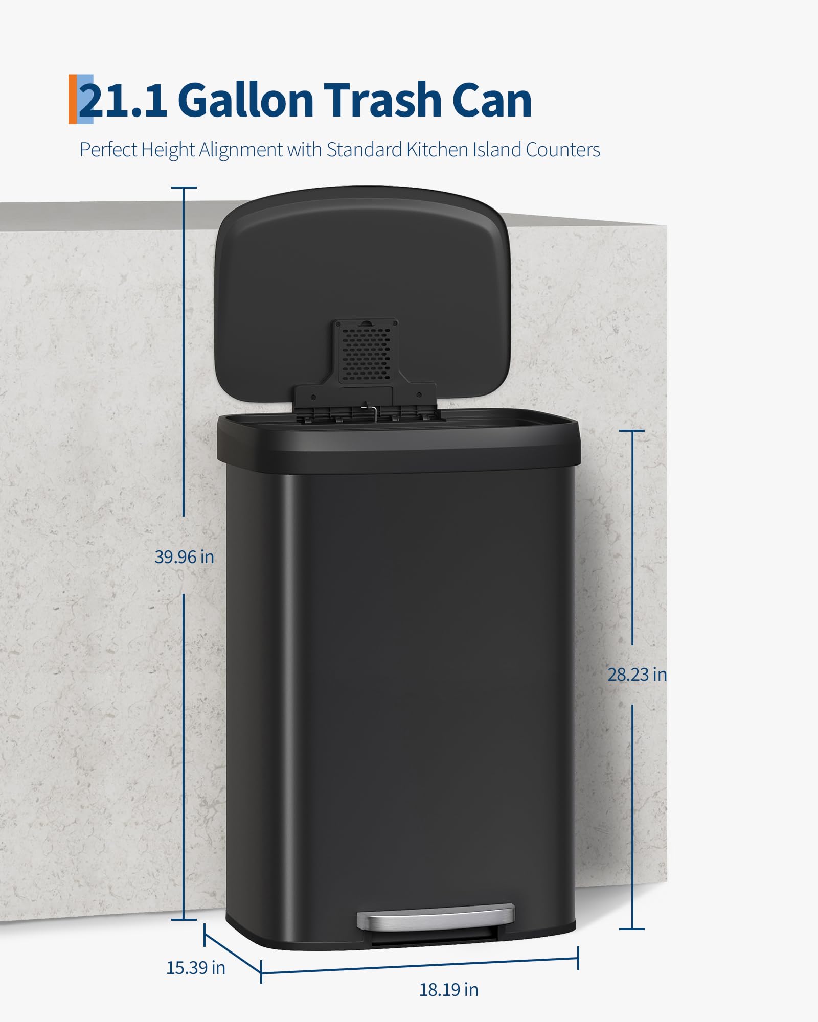 Pattumiera in metallo Garvee da 80 litri con coperchio, antiruggine, chiusura ammortizzata, maniglia ergonomica, nera, per cucina e ufficio, compatta e resistente