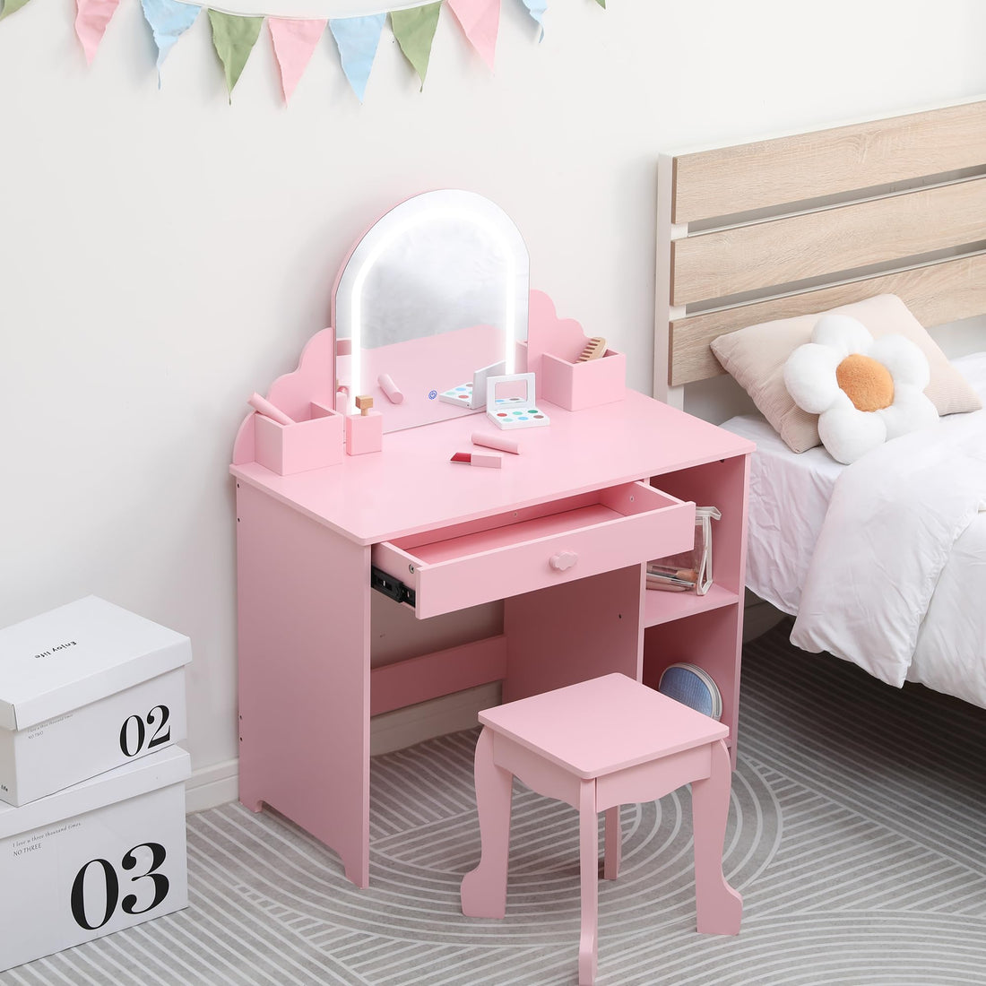 Garvee Kids Vanity con specchio illuminato 2 in 1, toletta e sgabello per bambine dai 3 ai 9 anni, camera da letto, sala giochi, bianco
