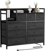 Garvee Commode TV 9 Cassetti con Stazione di Ricarica Integrata, Struttura in Metallo e Legno, per Soggiorno e Camera da Letto, 99x30x86 cm, Black Willow
