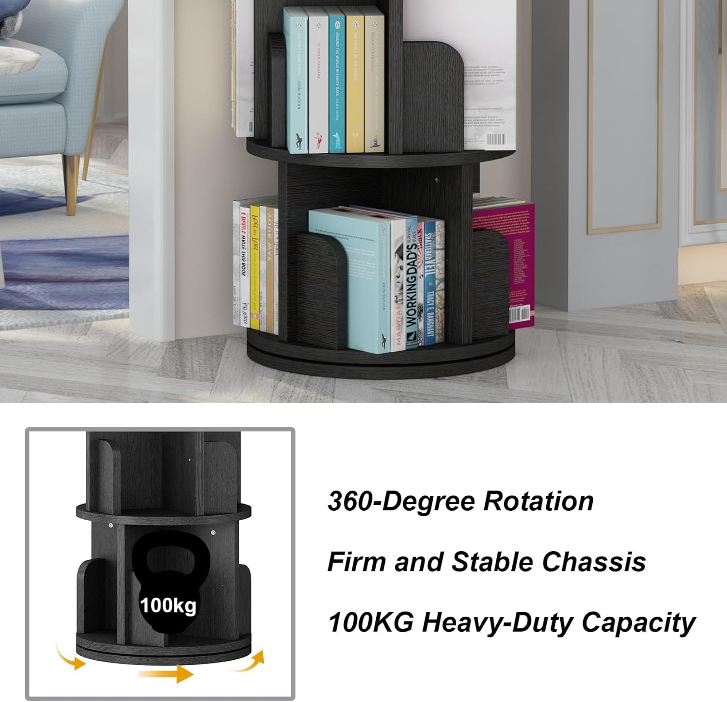 Libreria girevole a 4 ripiani Garvee, esposizione a 360°, legno impermeabile, acciaio robusto, nero, per cameretta e studio dei bambini, salvaspazio, 15,7x15,7x51,2 pollici