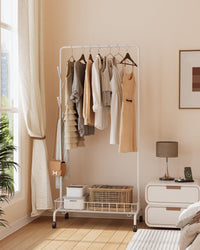 Appendiabiti Garvee con ruote, cestino in metallo, mobile per camera da letto e soggiorno, bianco, resistente