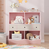 Garvee - Organizer per giocattoli per bambini a 7 scomparti con 3 cassetti per sala giochi e corridoio, in legno, rosa, robusto ed ecologico - Rosa