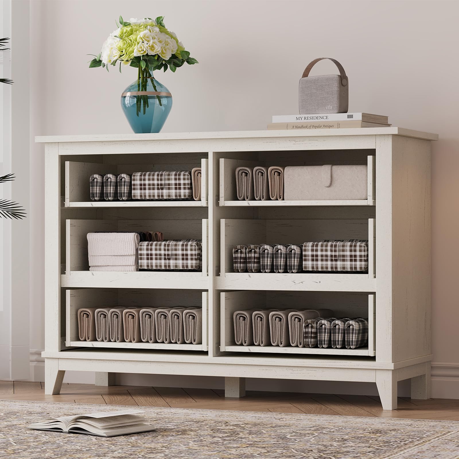 Cassettiera Garvee Farmhouse a 6 cassetti, in legno bianco, robusta, con ampio spazio di archiviazione per camera da letto, soggiorno, corridoio, 47,2x15,8x32 pollici