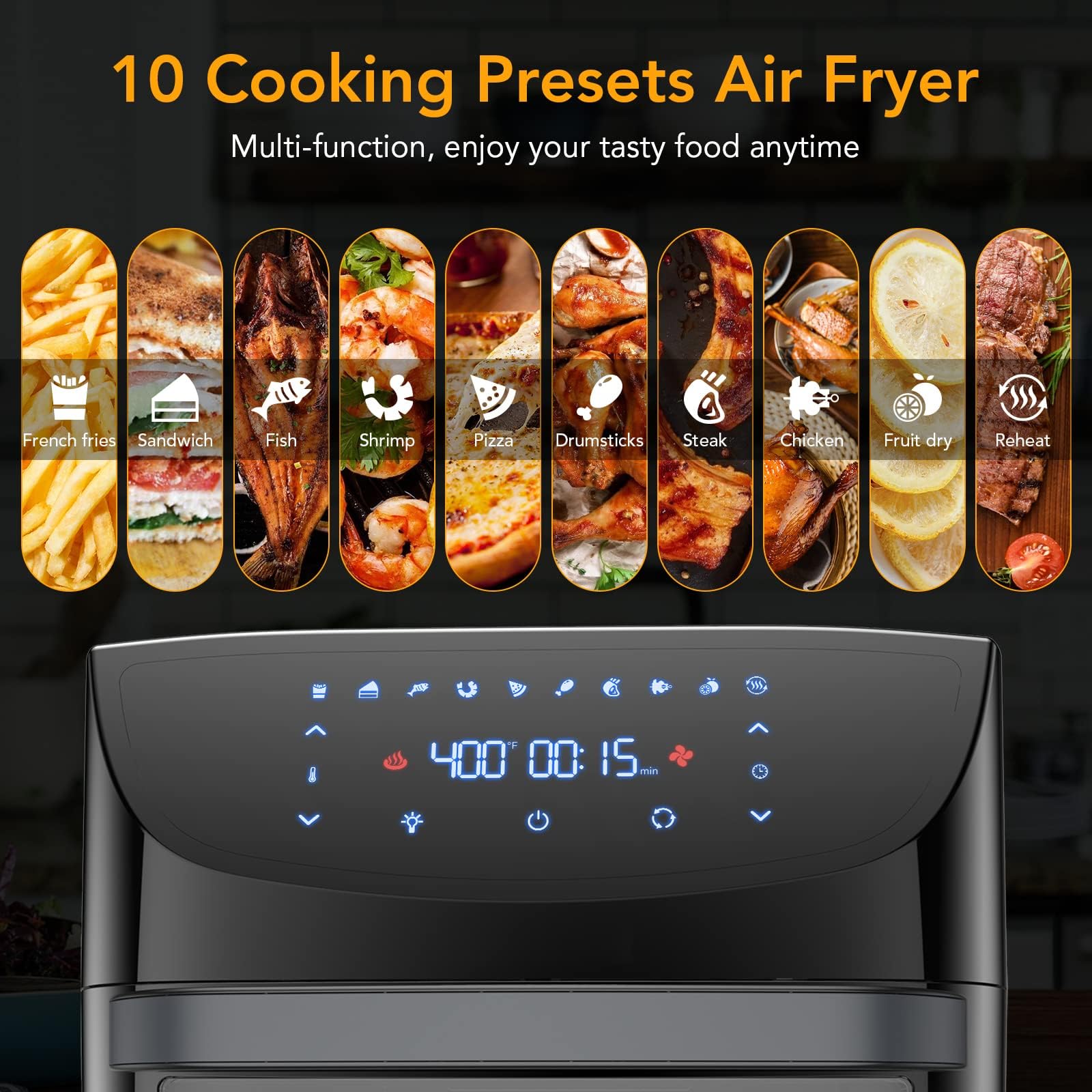 Friggitrice ad aria GARVEE XXL da 18 litri, friggitrice senza olio con finestra di visualizzazione, touchscreen LED, 10 programmi, 1800 W, controllo della temperatura regolabile, risultati di grigliatura eccellenti