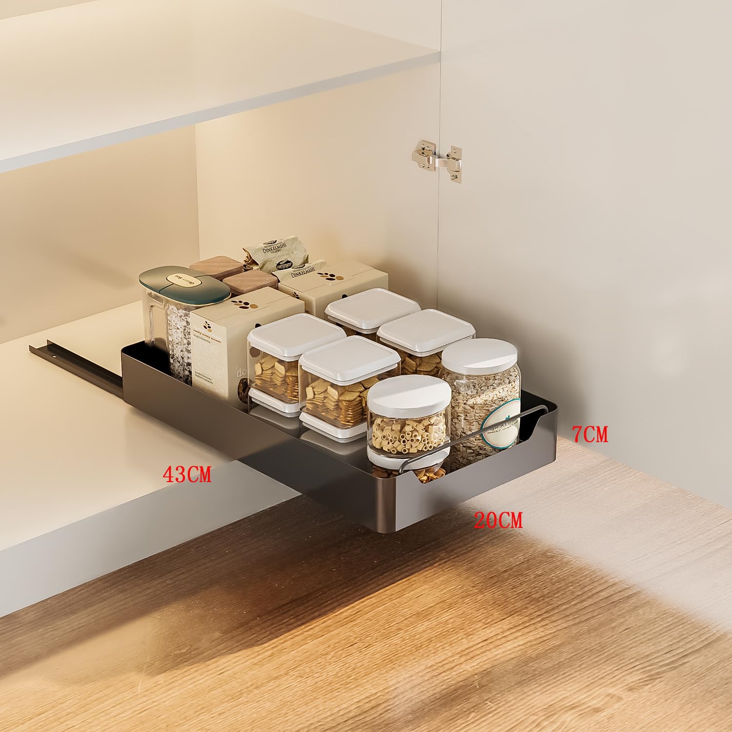 Cassetto telescopico Garvee, cassetto estensibile, organizer per mobili da cucina, 20 cm L x 43 cm P x 7 cm A, nero, senza fori o chiodi.
