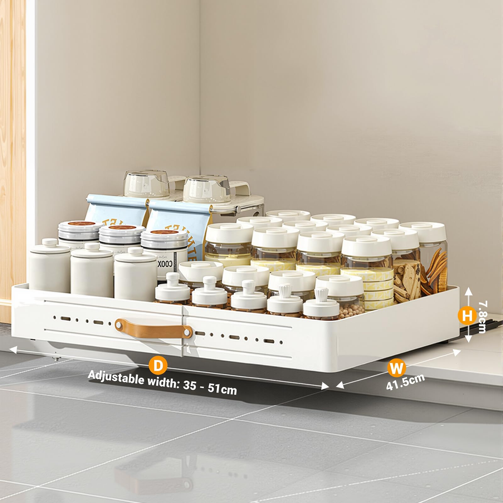 Cassetto telescopico Garvee, larghezza regolabile 35-51 cm, metallo, cassetto da cucina estensibile, bianco