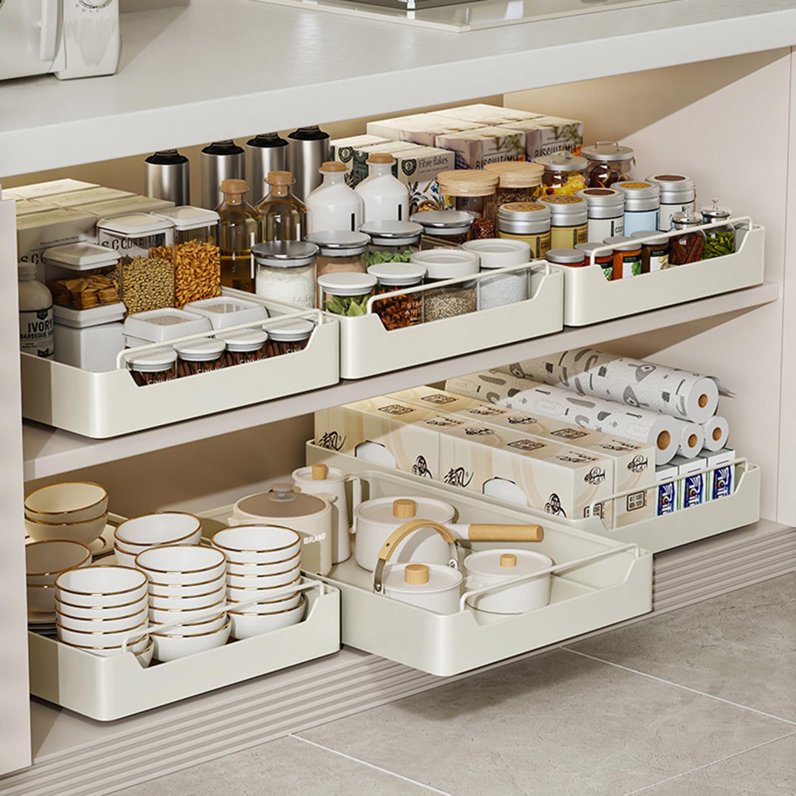 Garvee Organizer rimovibile per armadietti, cassetto telescopico per la cucina, 20 cm L x 43 cm P x 7 cm H, non richiede fori, cucina di casa, bianco