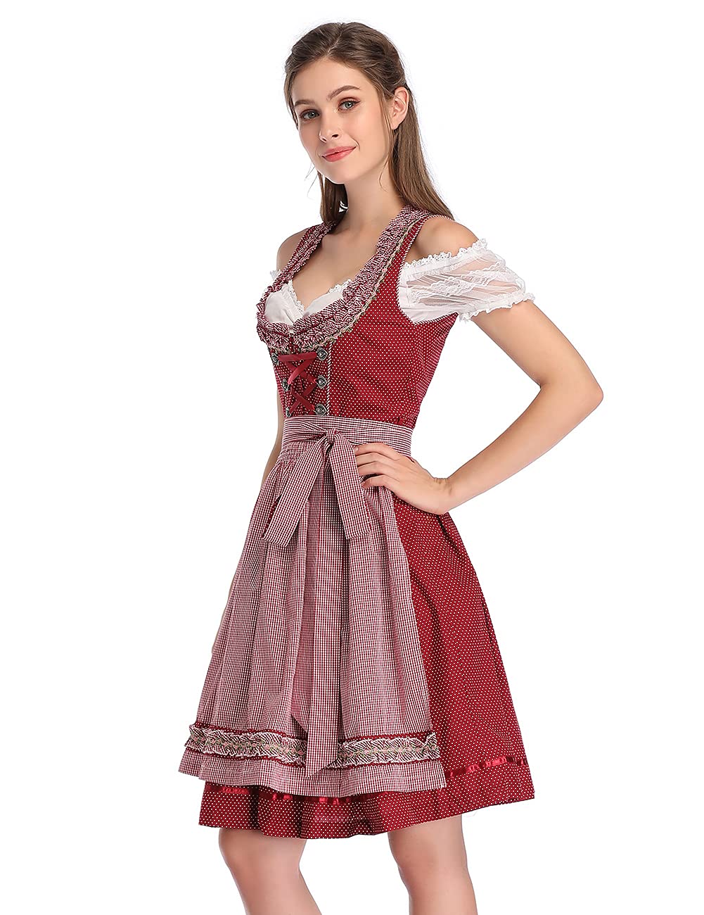 Abito Dirndl da donna Garvee Bavaria Oktoberfest, set da 3 pezzi, camicetta e grembiule, grembiule bavarese a maniche corte, abito da cameriera Oktoberfest, bordeaux a pois, taglia M