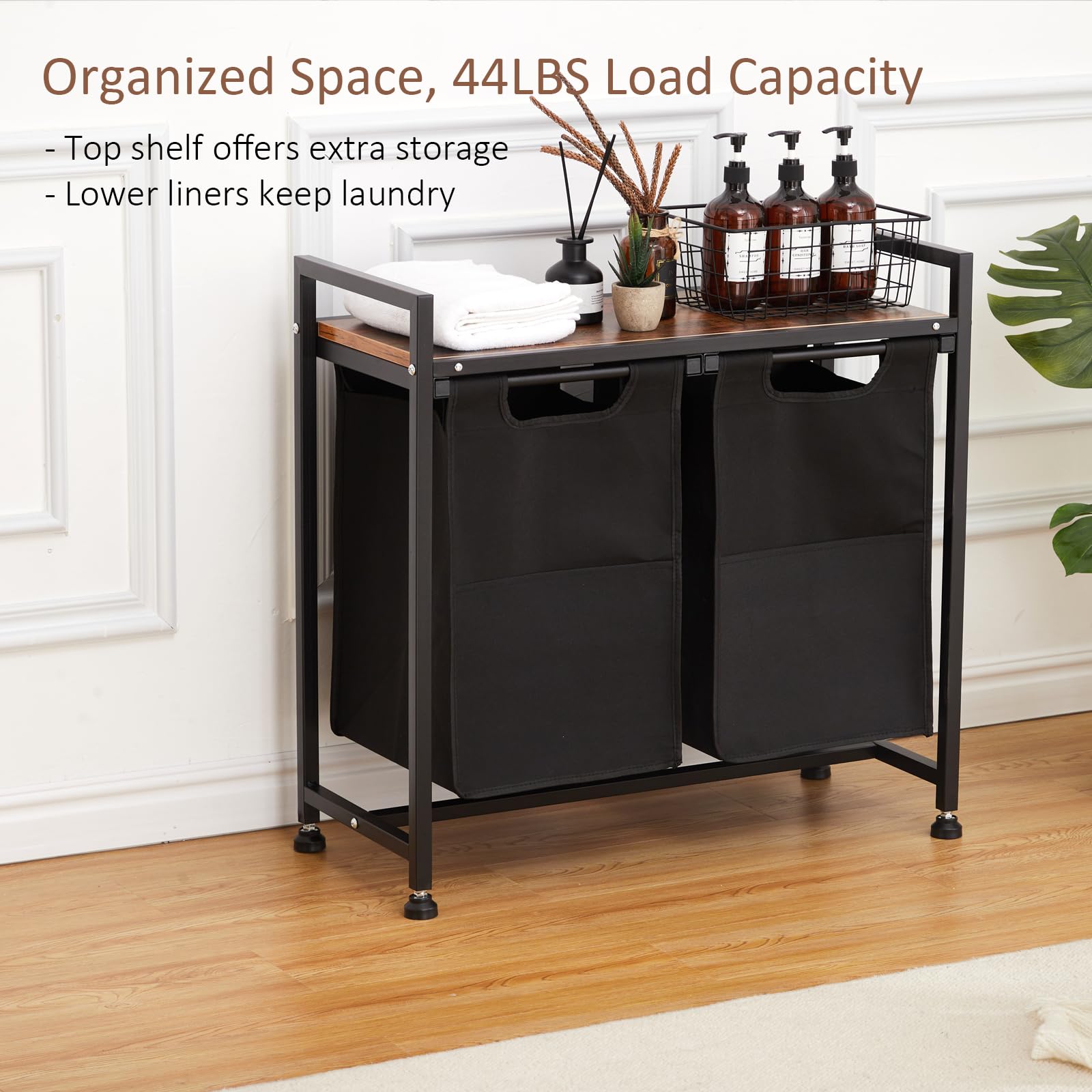 Cesto portabiancheria Garvee con ripiano, 23 galloni, 2 tasche estraibili, truciolato di legno, tessuto Oxford, per bagno e camera da letto, rimovibile