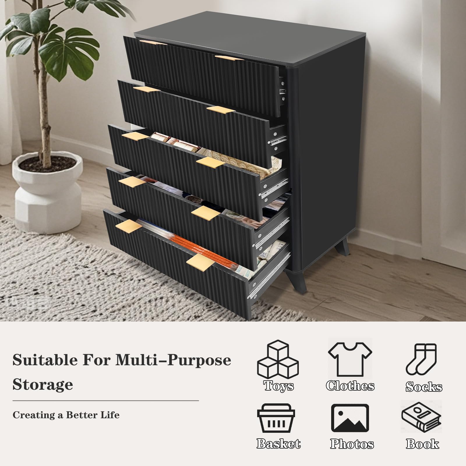 Cassettiera alta in legno Garvee, 5 cassetti, design scanalato, MDF moderno, robusta, per soggiorno, camera da letto, cameretta dei bambini, bianca