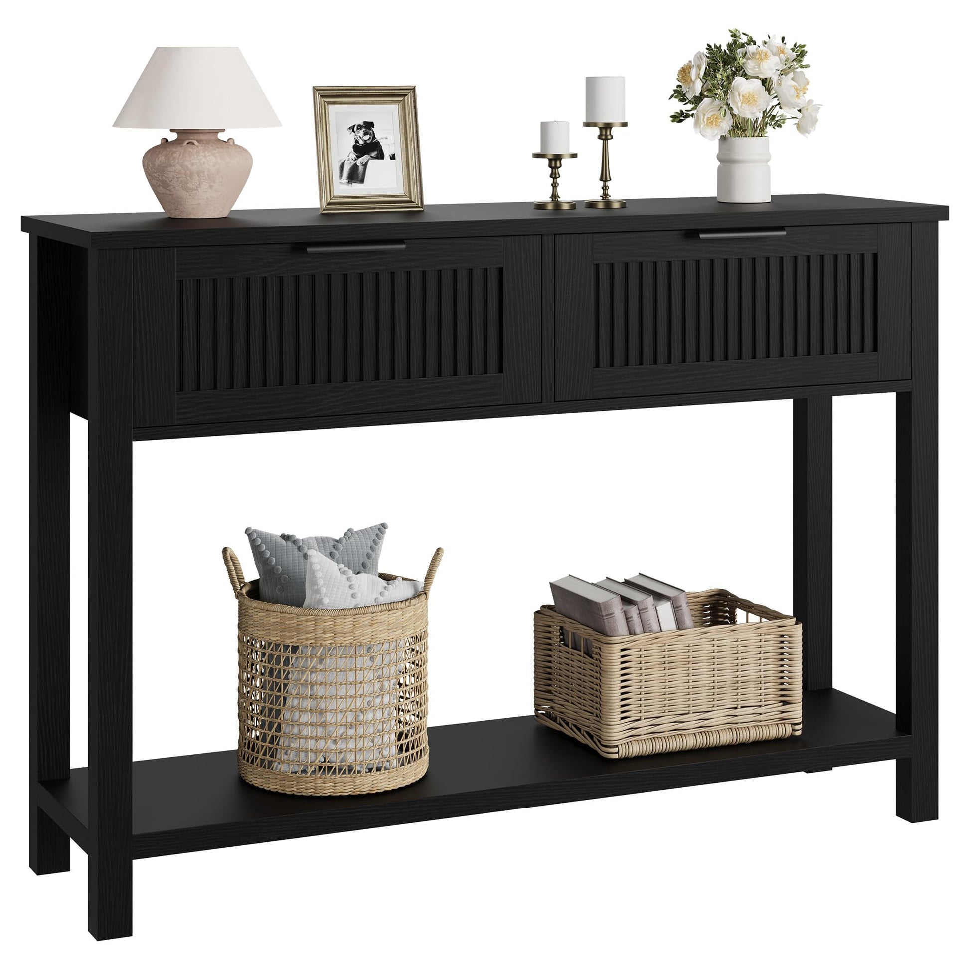 Tavolo da ingresso Garvee Farmhouse, consolle in legno, 43" con 2 cassetti e 2 ripiani, MDF, nero, soggiorno e corridoio, robusto e resistente ai graffi