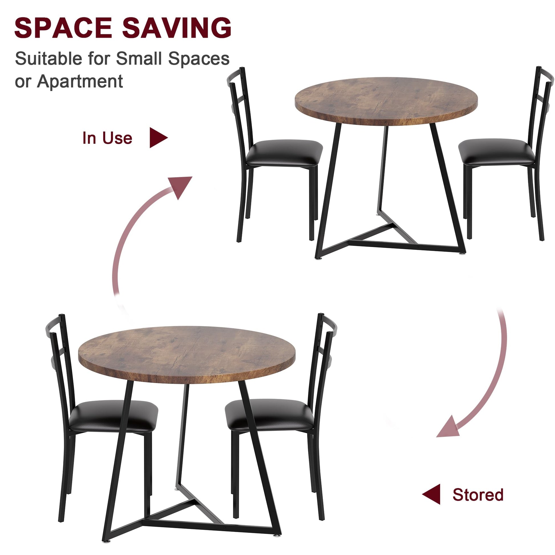 Set da pranzo rotondo Garvee per 2 persone con sedie imbottite, MDF e metallo, marrone retrò, salvaspazio per piccoli appartamenti