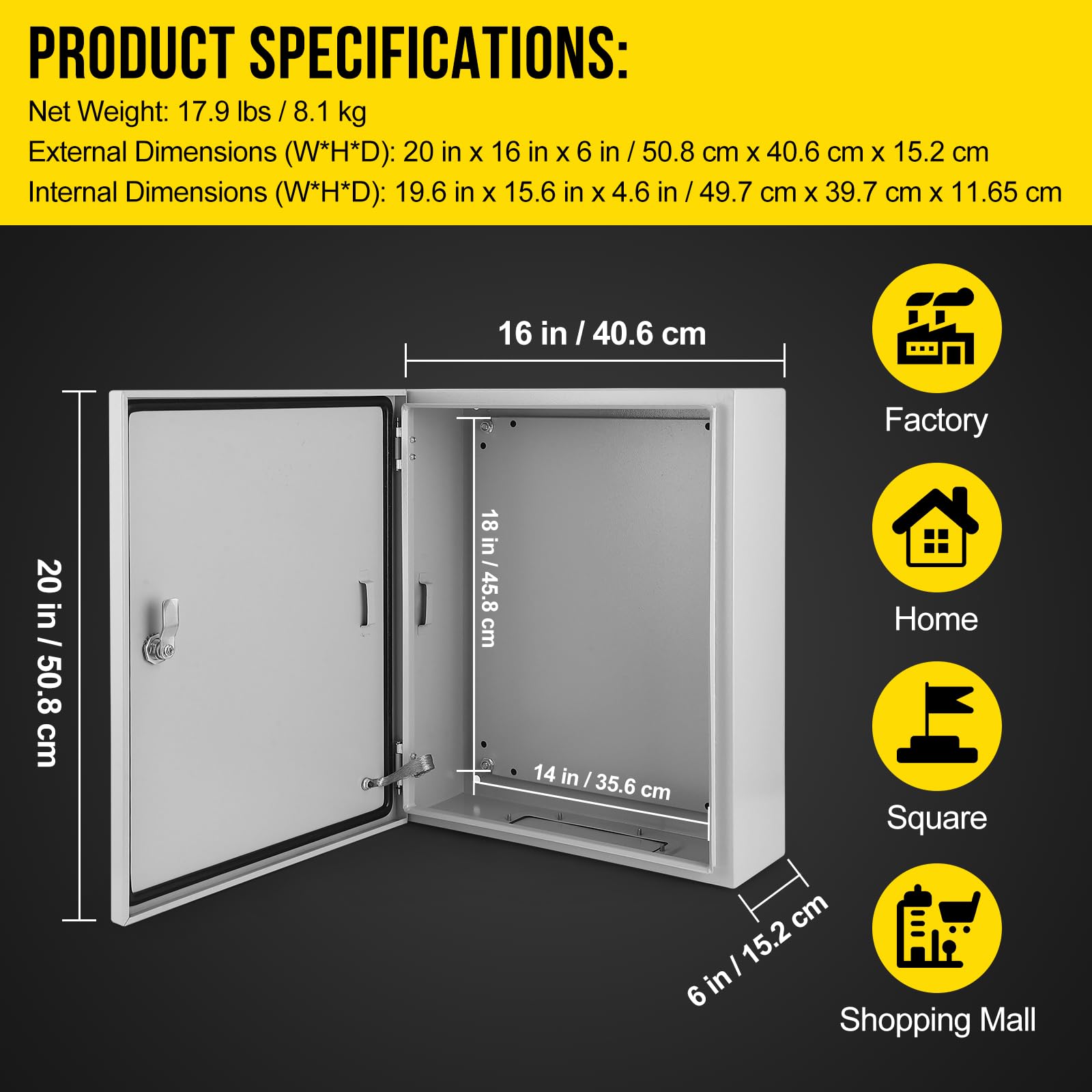 Scatola elettrica per esterni Garvee 20x16x6 in acciaio IP66, piastra di montaggio con serratura impermeabile per uso industriale e domestico