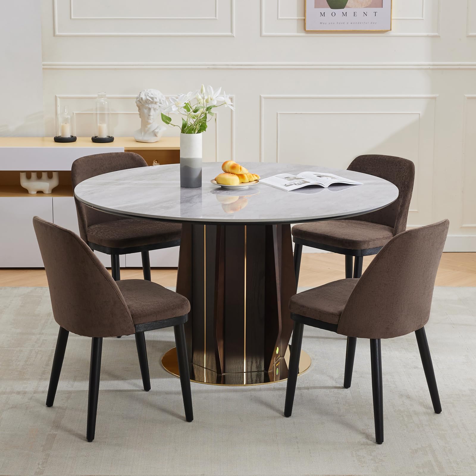 Garvee, set di 2 sedie da pranzo moderne, rivestimento in lino, schienale curvo, gambe in legno, sedia beige per cucina e soggiorno