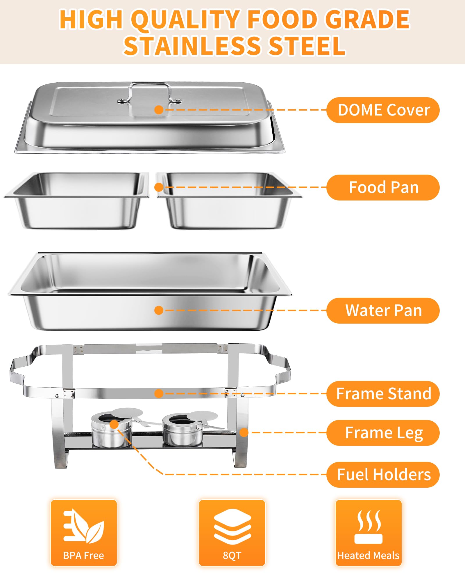 Garvee Set 2 Chafing Dish Buffet 8 Qt In Acciaio Inox SS201, Riscaldamento E Raffreddamento, Telaio Pieghevole, Per Matrimoni E Banqueting, Argento