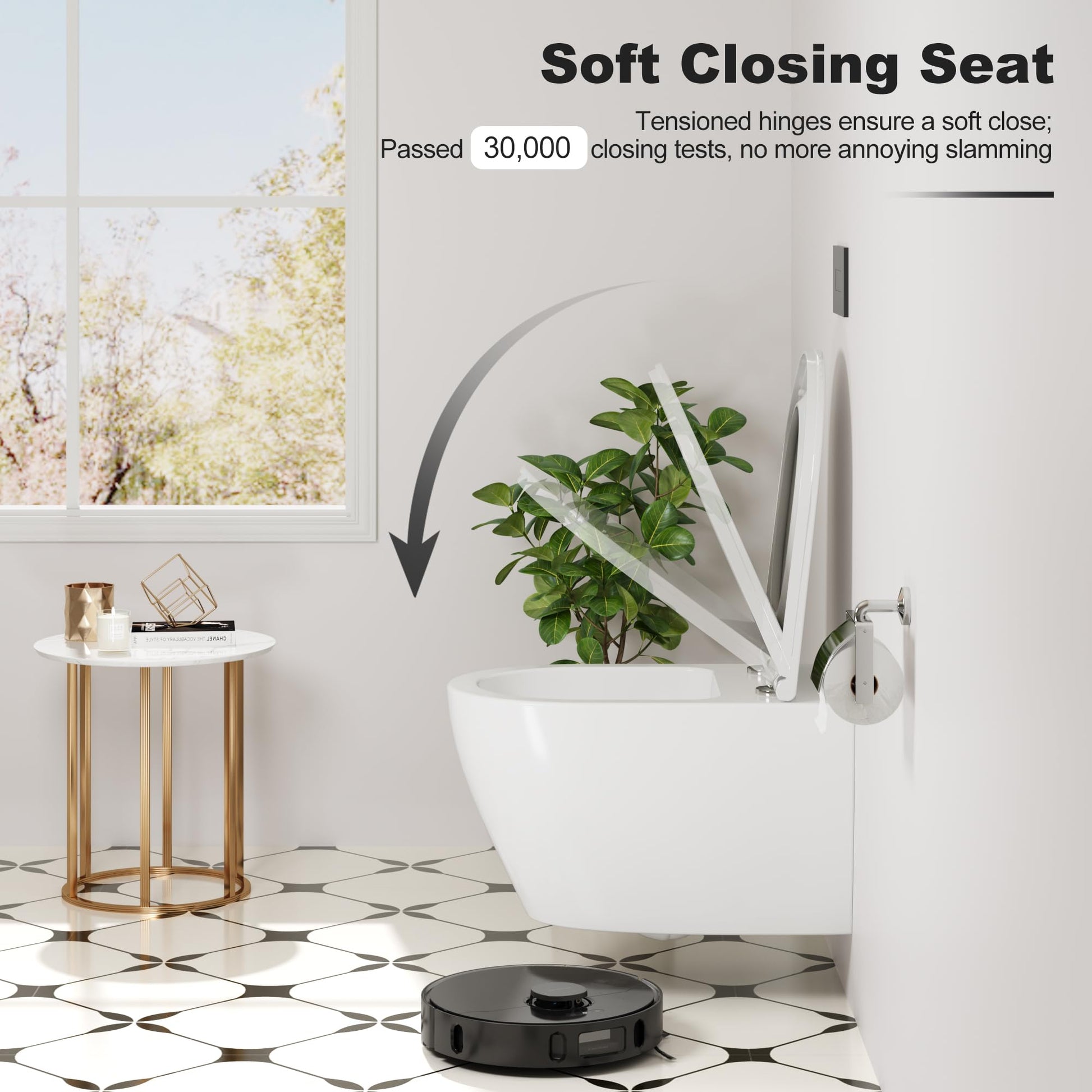 GARVEE WC Sospeso Senza Bordi Wc sospeso in ceramica, forma a D, 55,5 cm, bianco, con coperchio automatico, per bagni moderni
