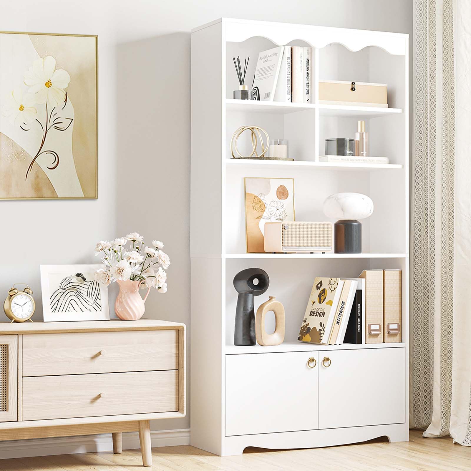 Libreria moderna in legno Garvee a 5 ripiani con ante per ufficio e soggiorno, ampio spazio di archiviazione, robusta, MDF, versatile, marrone