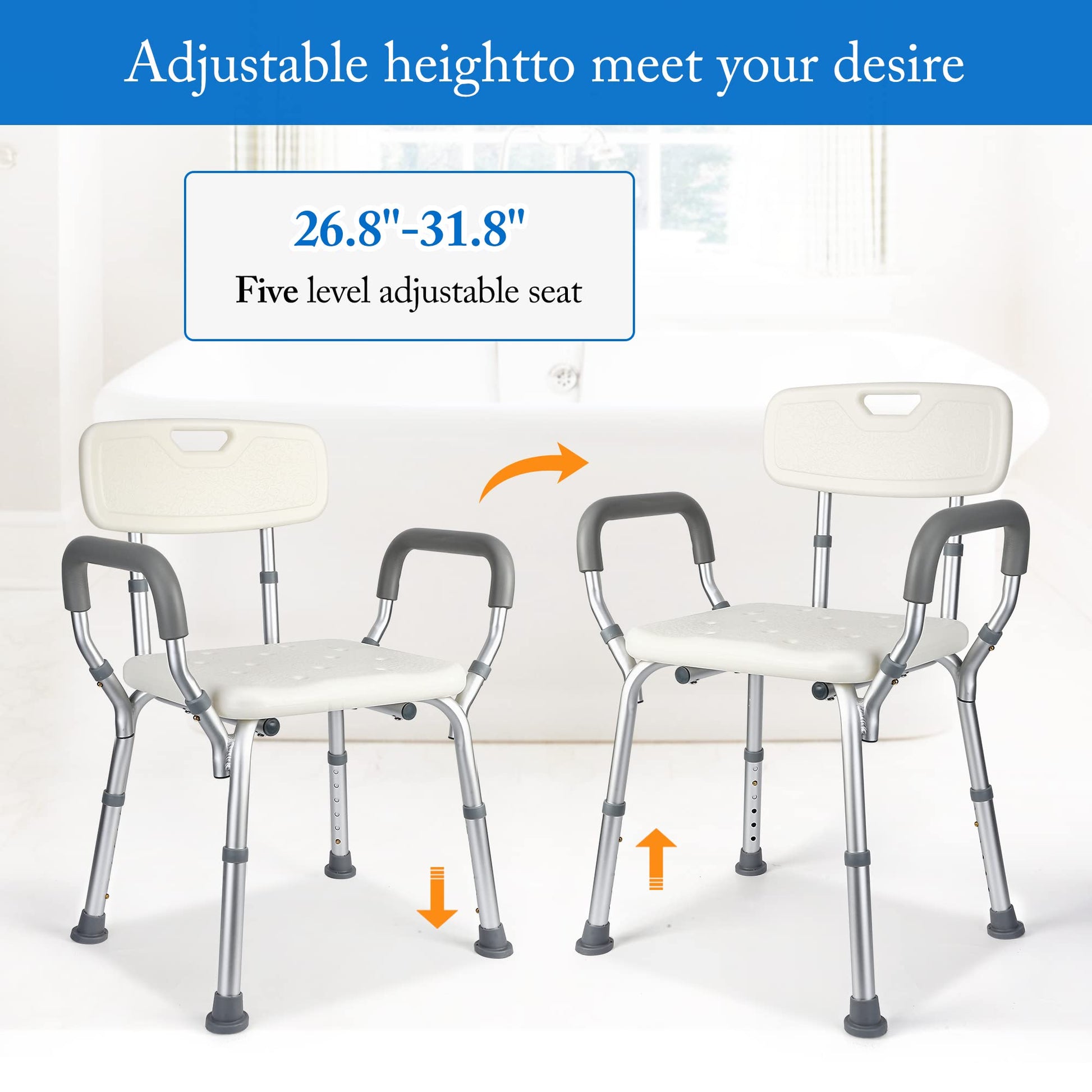 Sedia da doccia Garvee con braccioli imbottiti, seduta antiscivolo, altezza regolabile, alluminio, capacità di carico di 350 libbre, sicura per la vasca da bagno