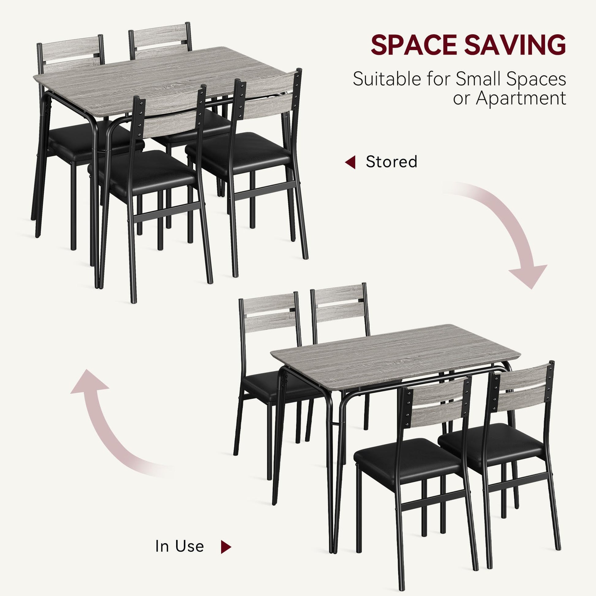 Tavolo da pranzo Garvee per 2 persone con sedie imbottite, legno MDF, struttura in metallo, salvaspazio, piccoli appartamenti, quadrato, grigio