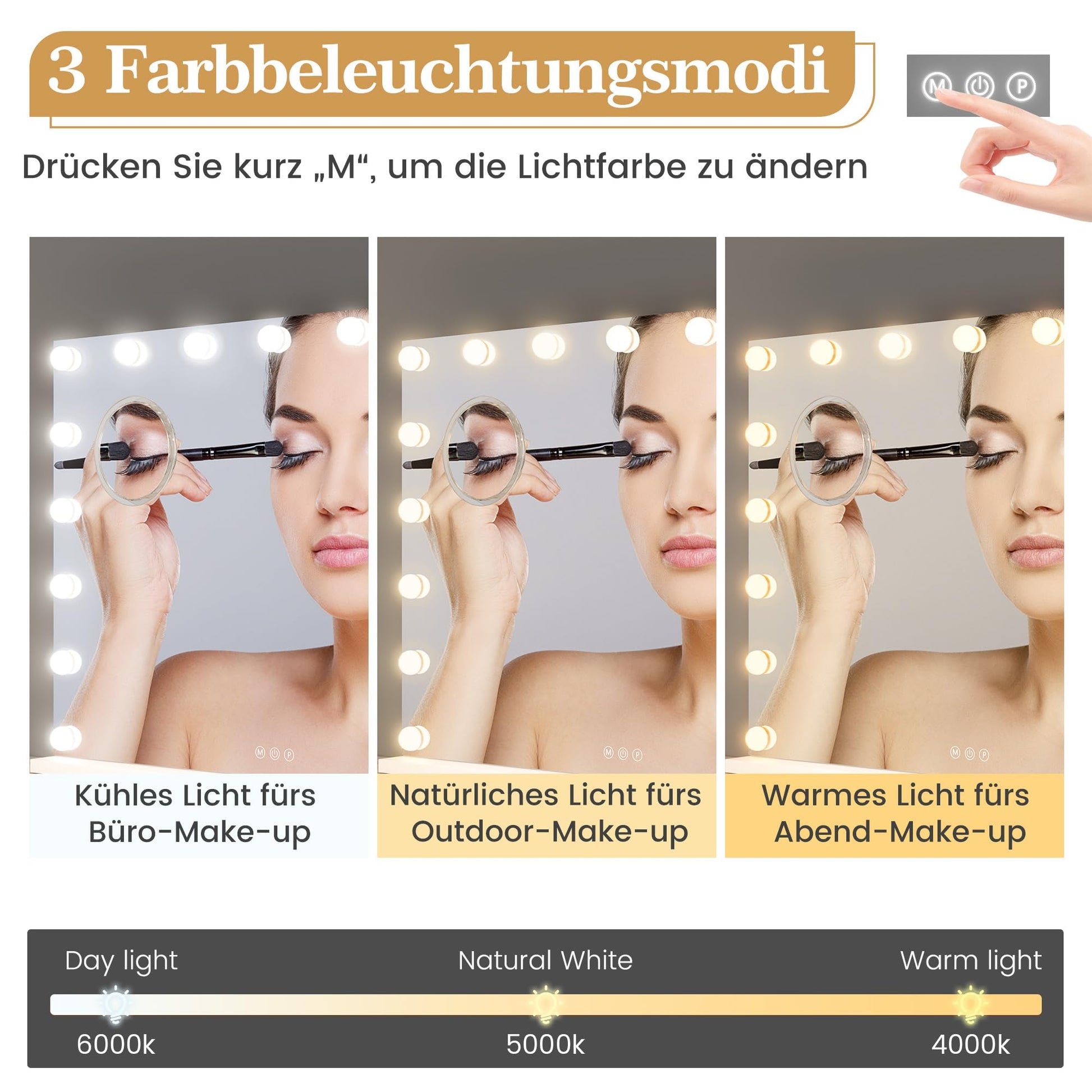 Specchio per il trucco Garvee Hollywood 80 x 60 cm con 17 luci LED e touch, bianco, per trucco professionale