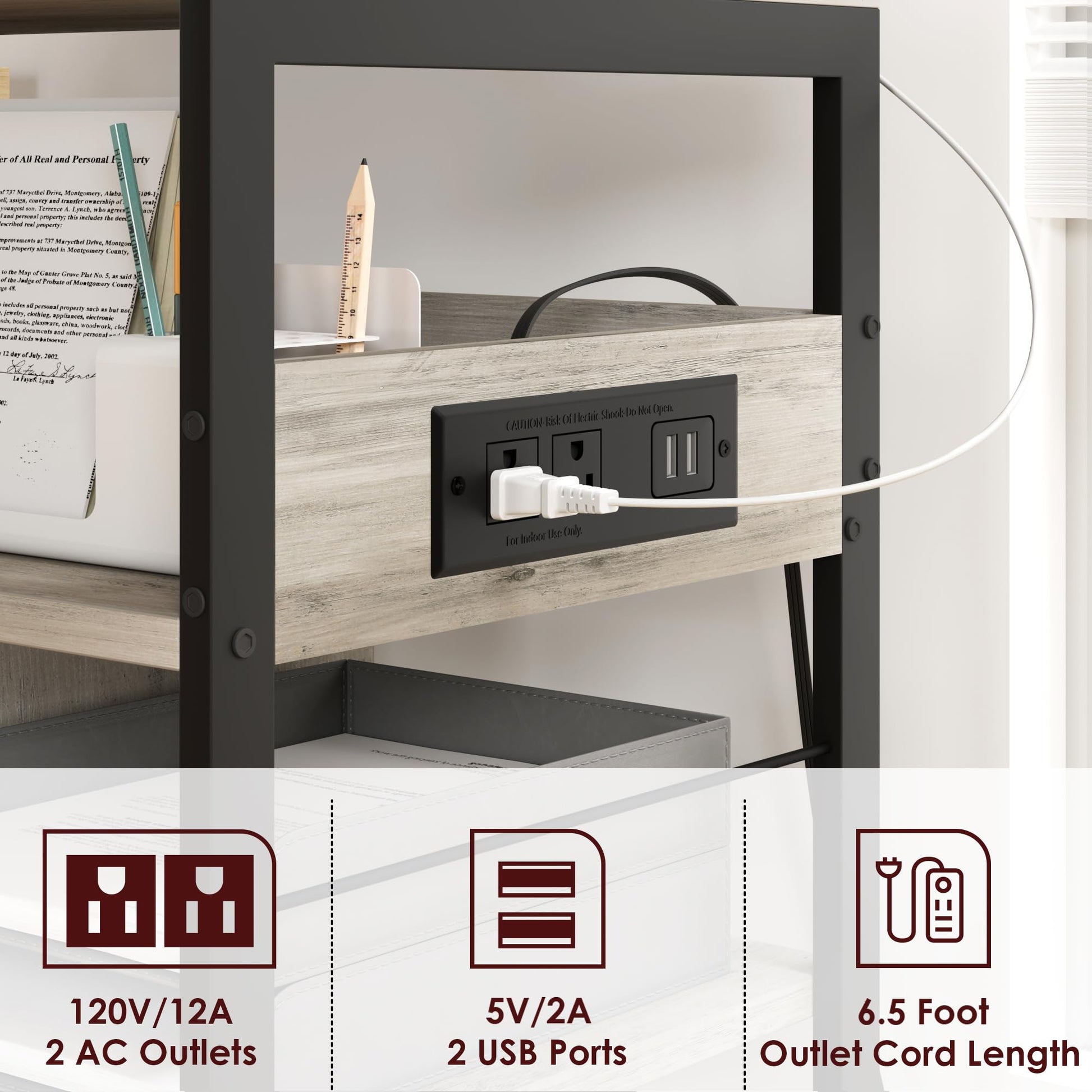 Supporto per stampante mobile Garvee di grandi dimensioni con prese di corrente e USB, struttura in metallo a 4 livelli, pannello in MDF, ruote con freni, grigio rustico, ufficio e soggiorno, 23,66"x15,76"x31,86"