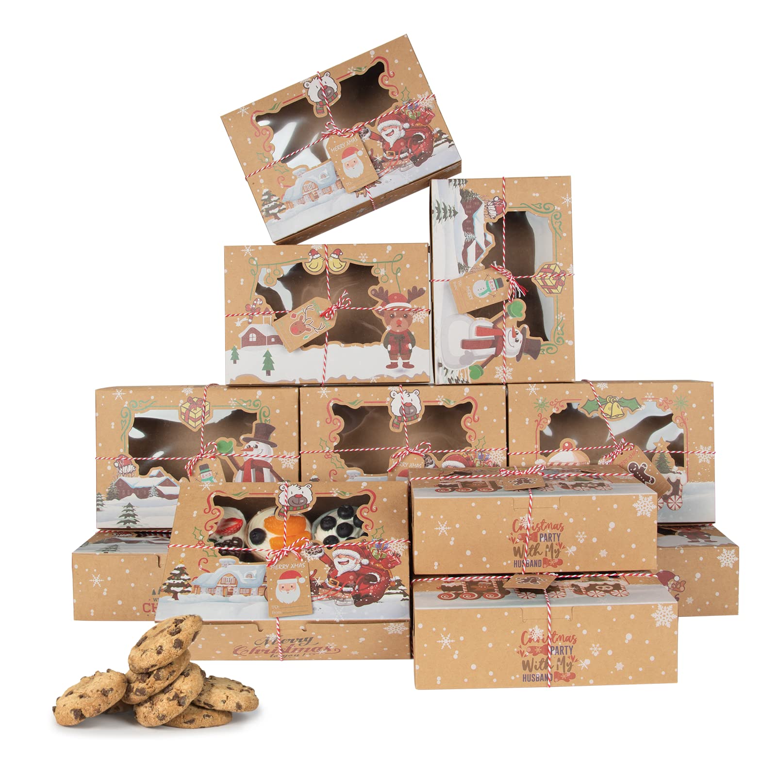 Scatola per biscotti natalizi Garvee da 24 pezzi con finestra, scatola da forno in carta kraft per torte, biscotti, dessert, ciambelle, di grandi dimensioni, design natalizio