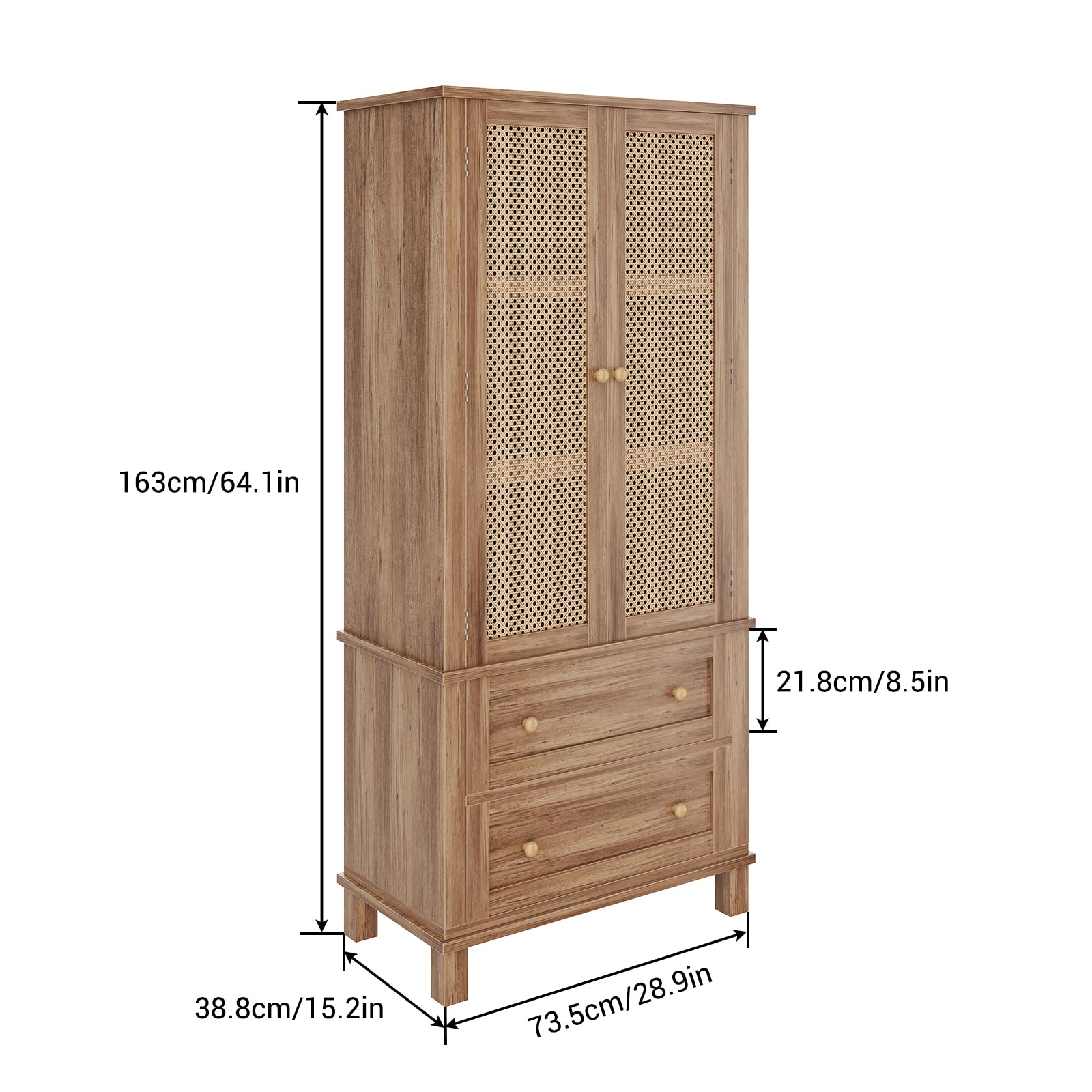 Garvee Armadio Dispensa Cucina Rattan 2 Porte 2 Ripiani Regolabili Legno Massello 64" Noce Rustico